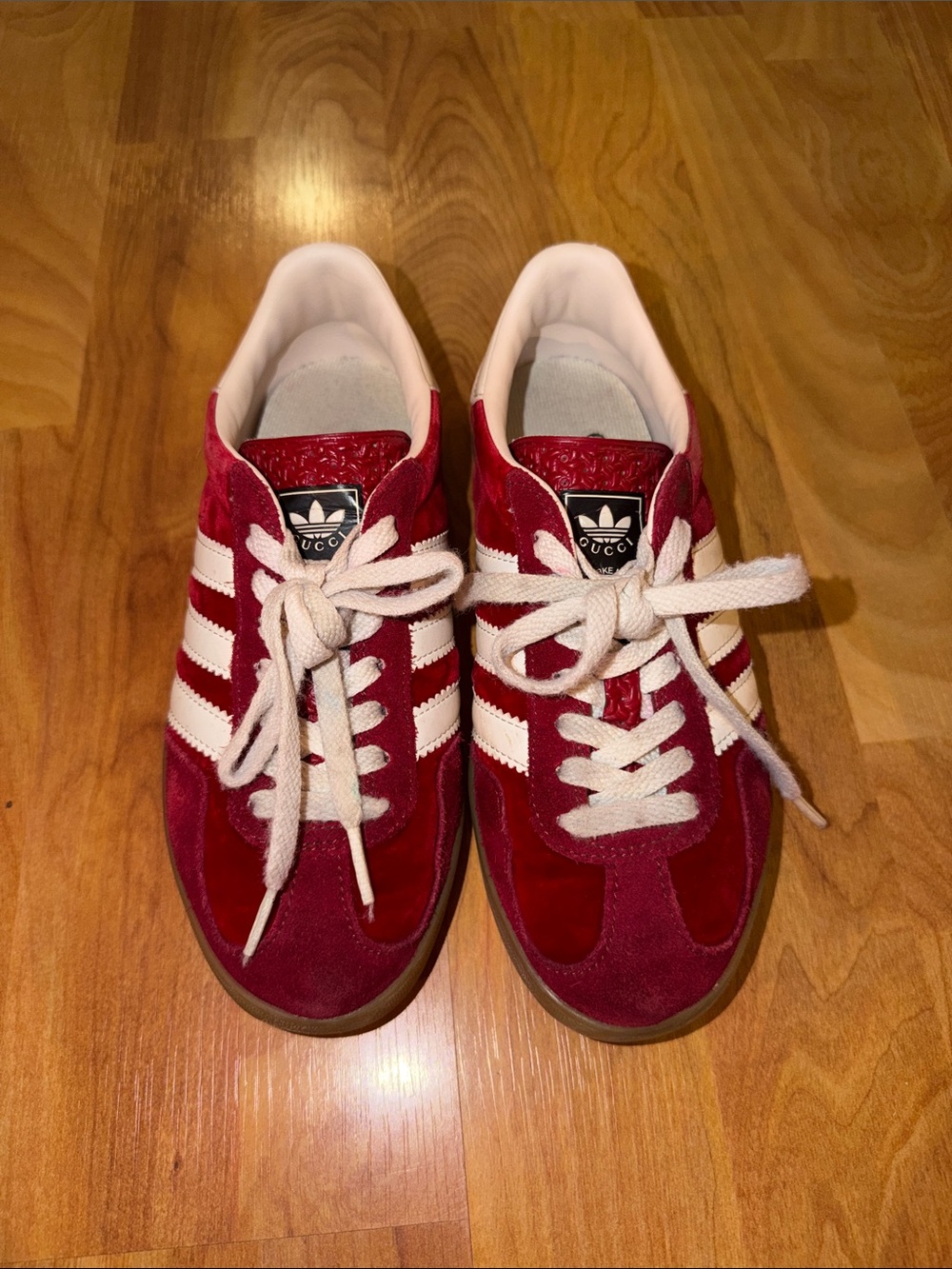 Gucci X Adidas Gazelle Kids Red and White Velvet Suede Shoes - Picture 10 of 12